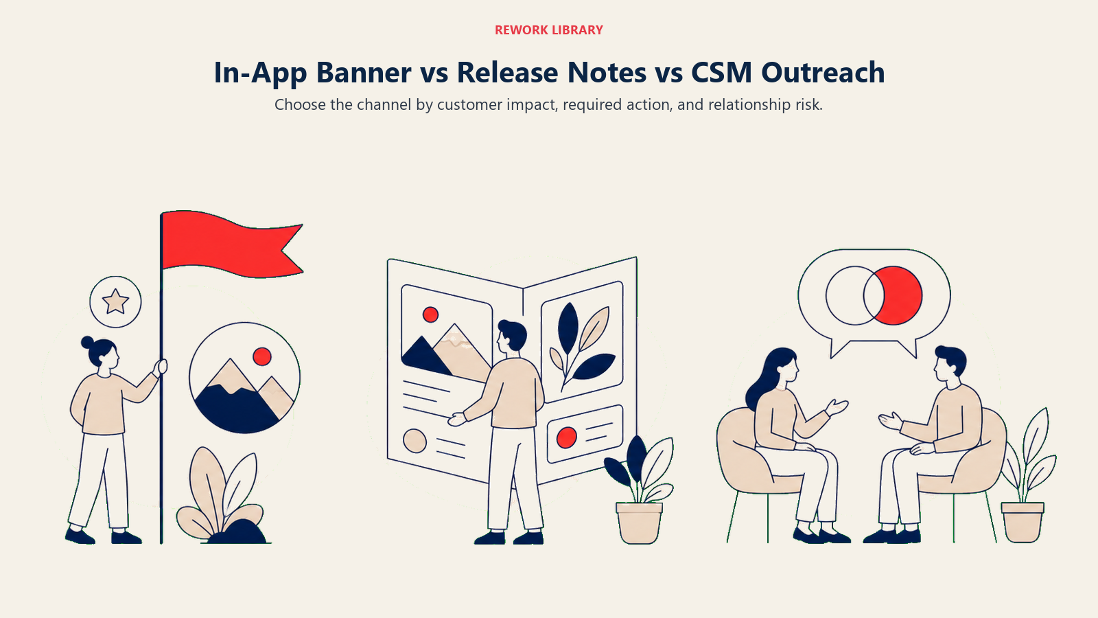 In-App Banner vs Release Notes vs CSM Outreach: three-channel wide comparison: banner flag, release folio, and direct conversation bridge