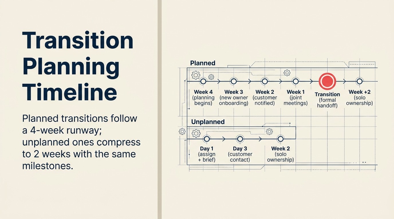 Account transition planning timeline showing 4-week planned and 2-week accelerated tracks