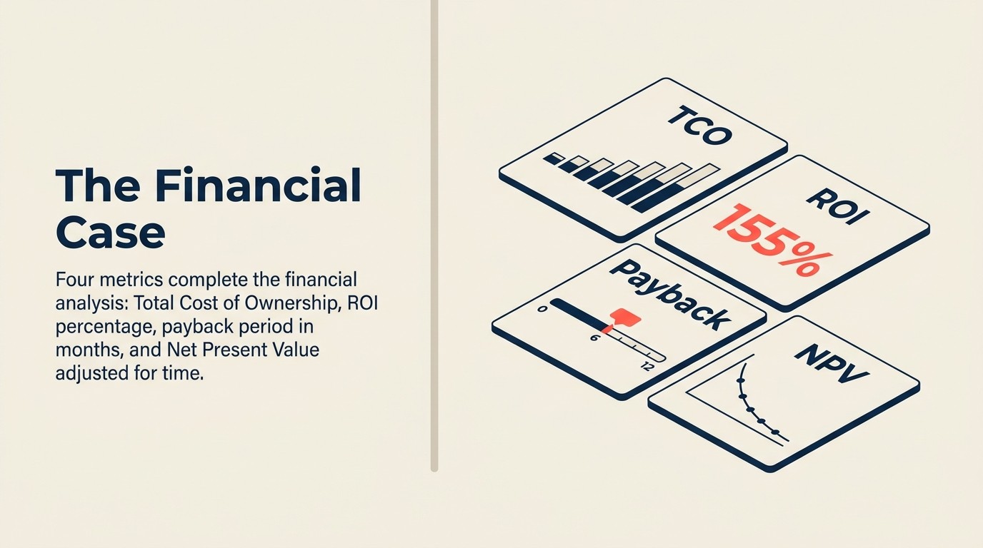 Four financial metrics used in a business case: TCO, ROI, payback period, and NPV