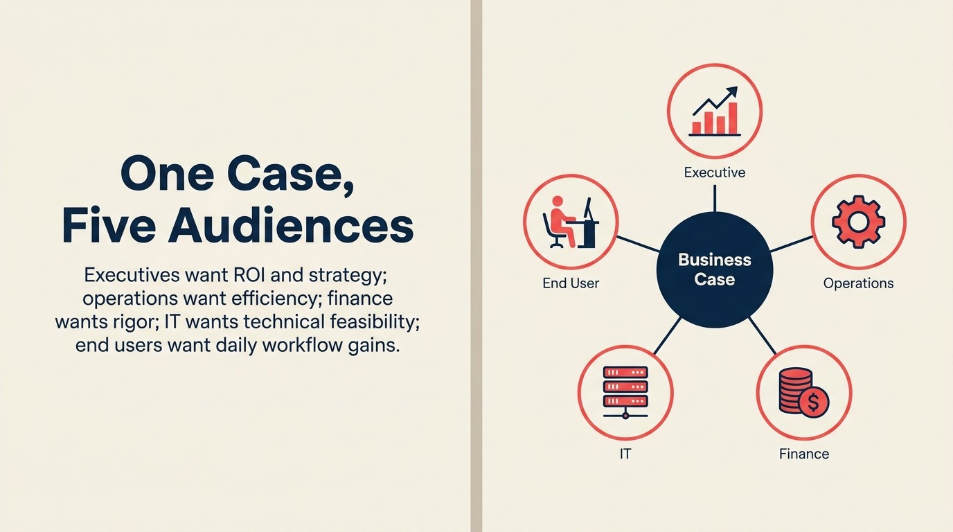 Five stakeholder views of a business case: executive, operational, financial, IT, and end user