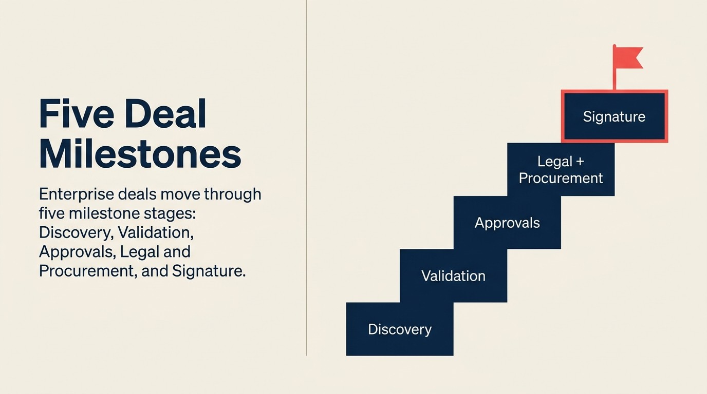Five sequential deal milestones from discovery through signature