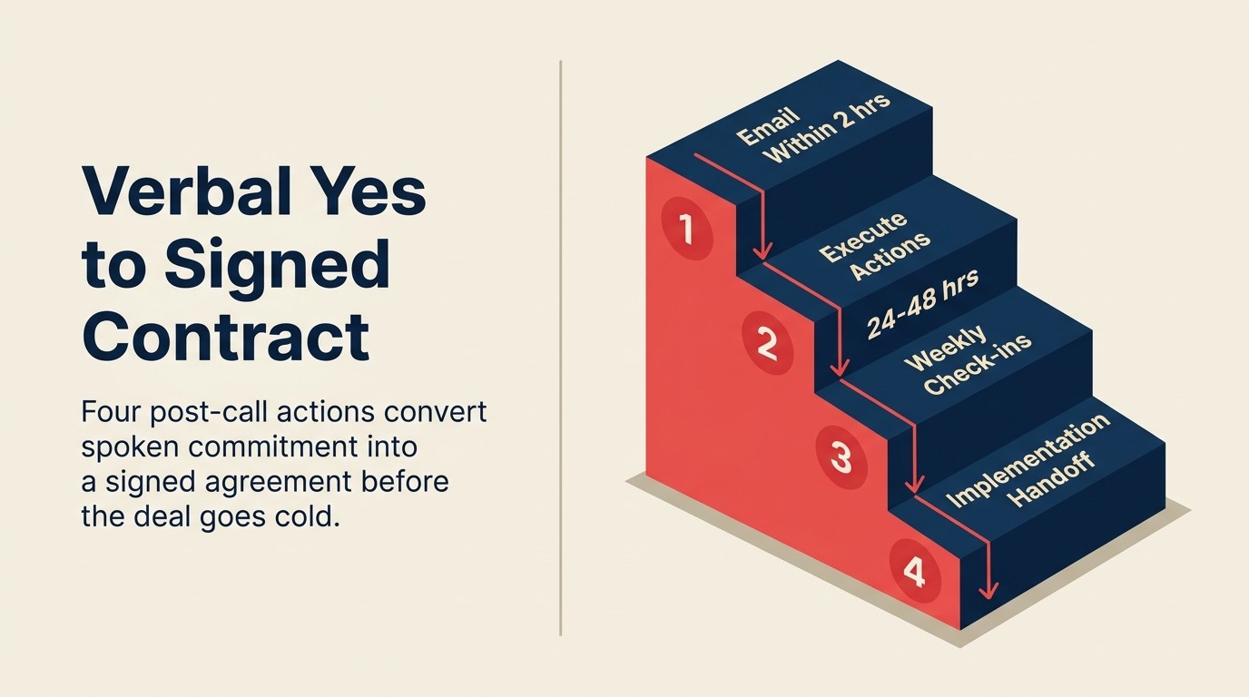 Post-call follow-up sequence: immediate email within 2 hours, execute actions within 48 hours, weekly check-ins, then implementation handoff