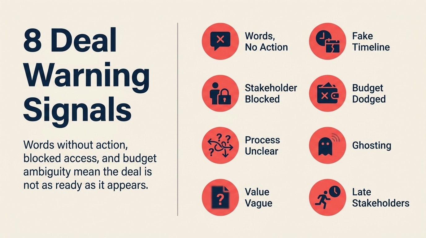 Eight deal warning signals including verbal commitment without action, stakeholder avoidance, and budget dodge
