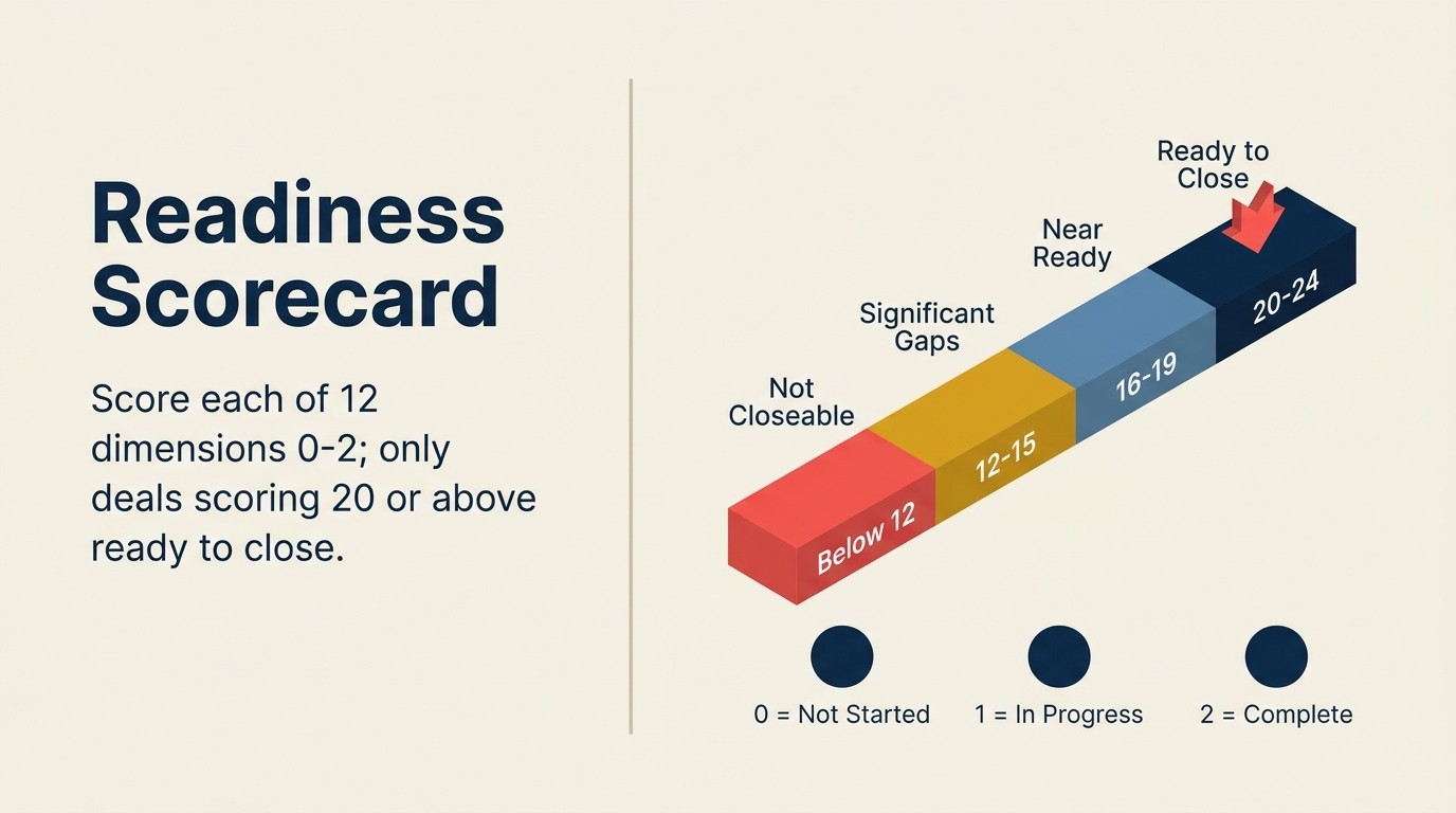 Readiness scorecard showing 0-2 scoring per dimension and four readiness bands from 20-24 down to below 12
