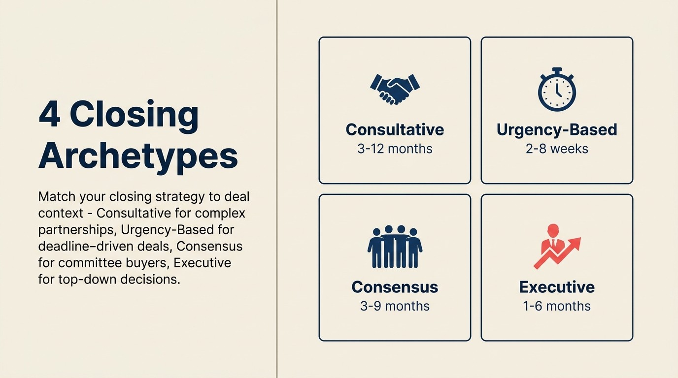 Four closing strategy archetypes - Consultative, Urgency-Based, Consensus, Executive