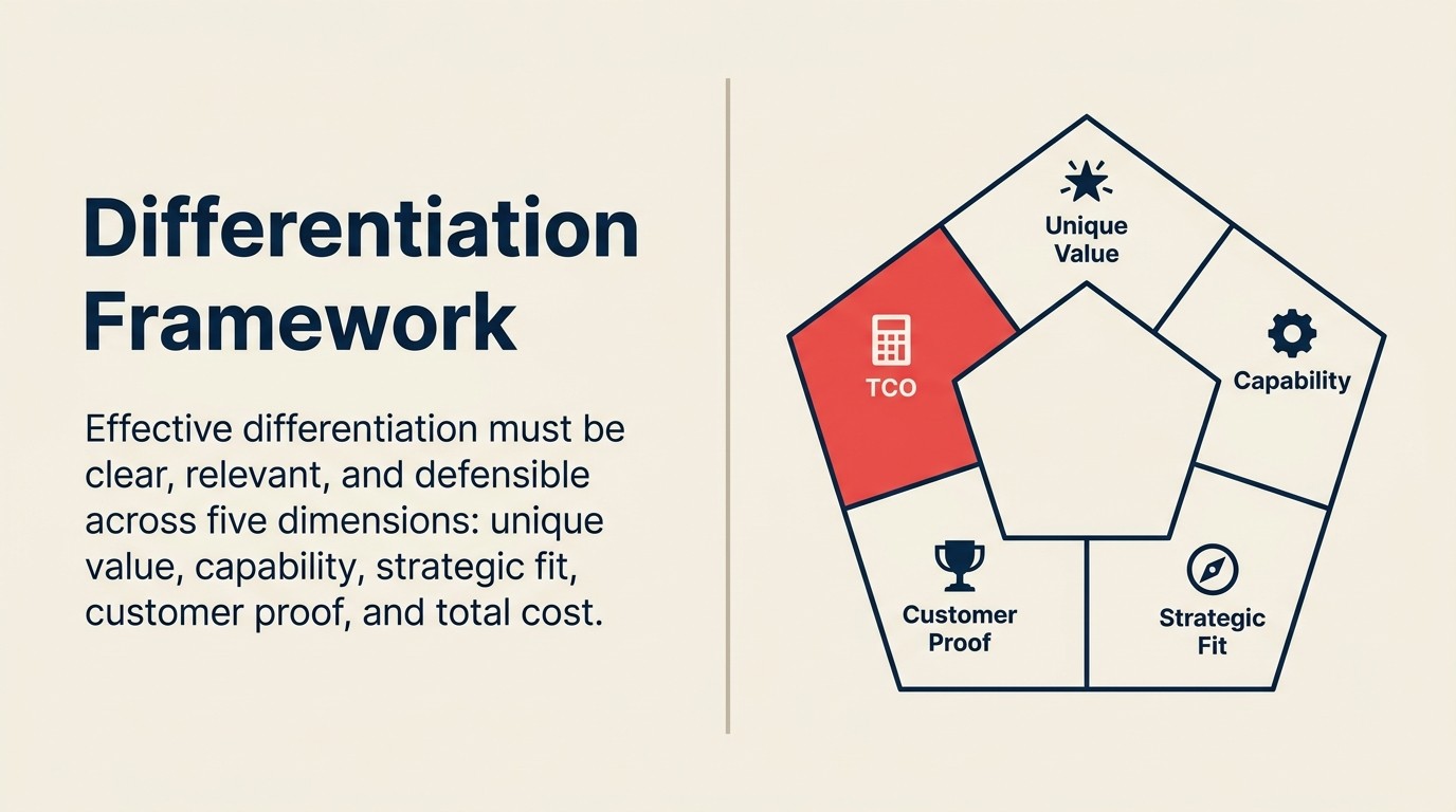 Five-pillar differentiation framework: unique value proposition, capability, strategic fit, customer success evidence, and total cost of ownership