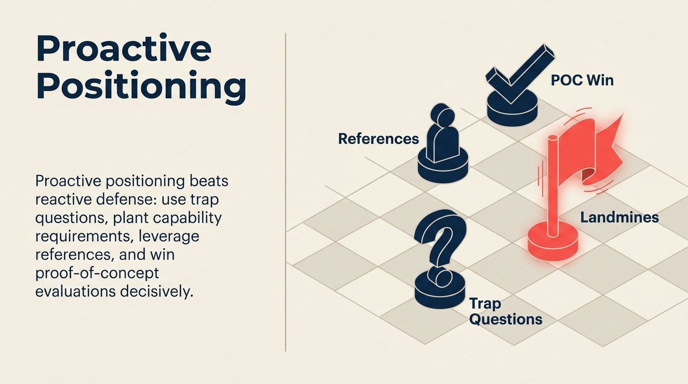 Four proactive competitive positioning tactics: trap-setting questions, landmine placement, reference account leverage, and POC differentiation