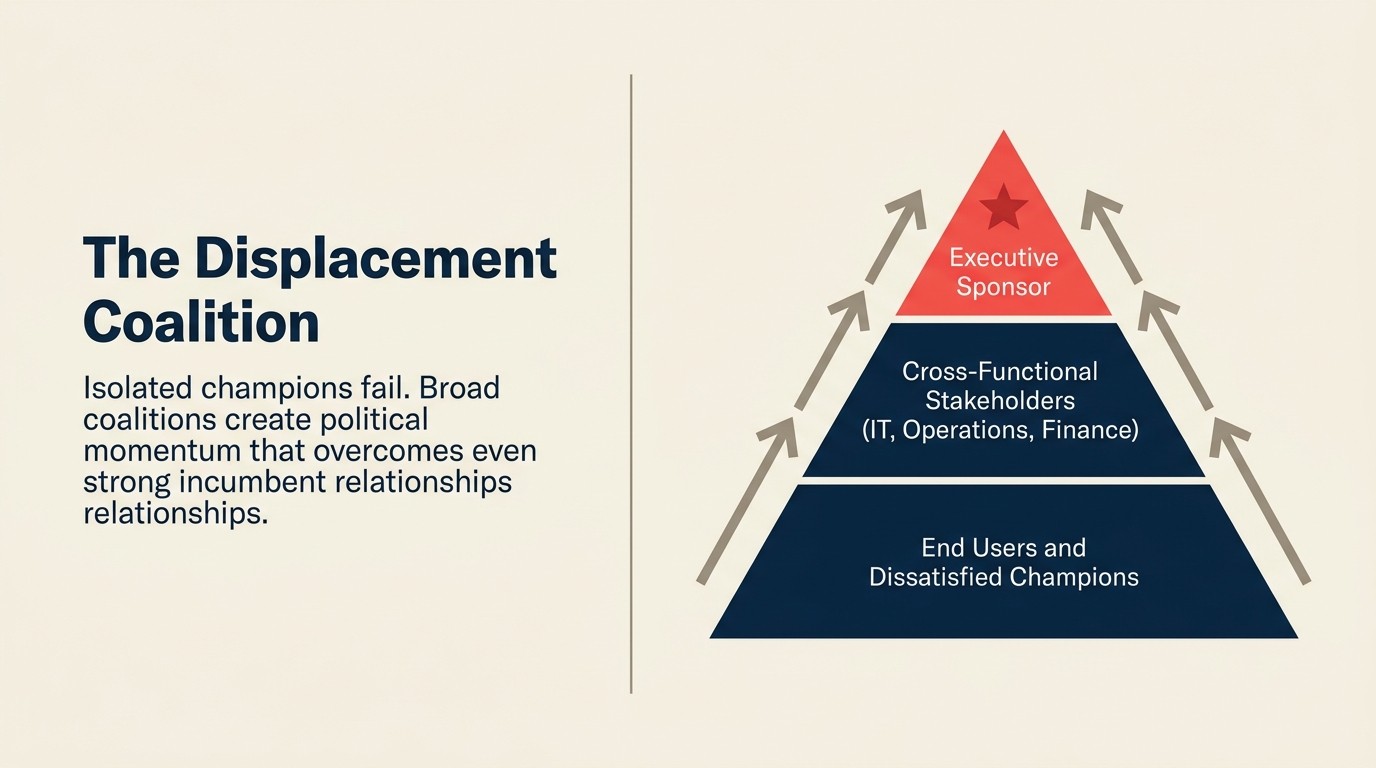 Three-tier displacement coalition: dissatisfied champions, cross-functional change coalition, executive sponsorship