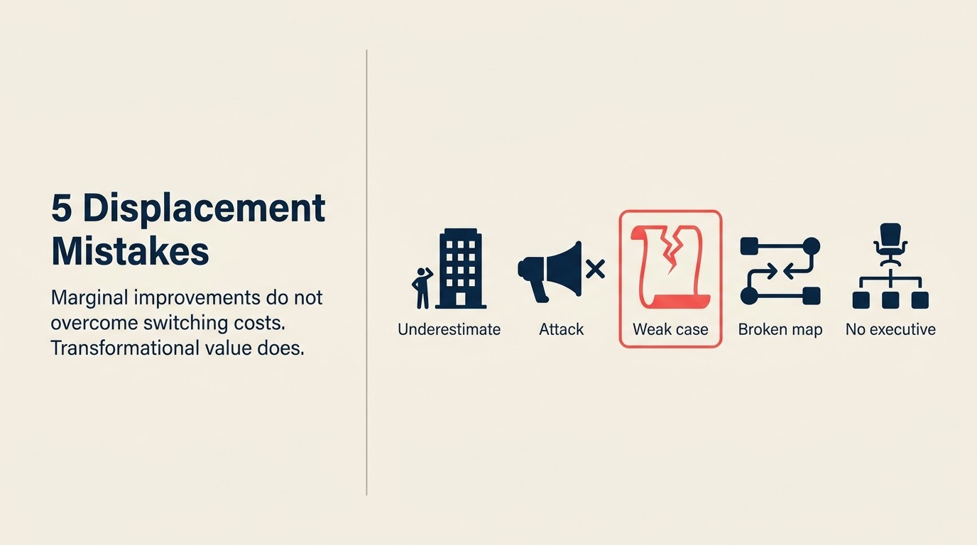 Five displacement failure patterns: underestimating incumbents, attacking personally, weak change justification, poor migration planning, missing executive sponsorship