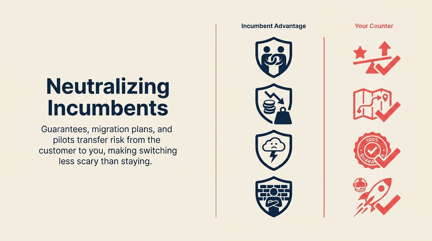 Four neutralization tactics: reframe relationship vs value, migration planning, risk transfer guarantees, pilot and proof programs