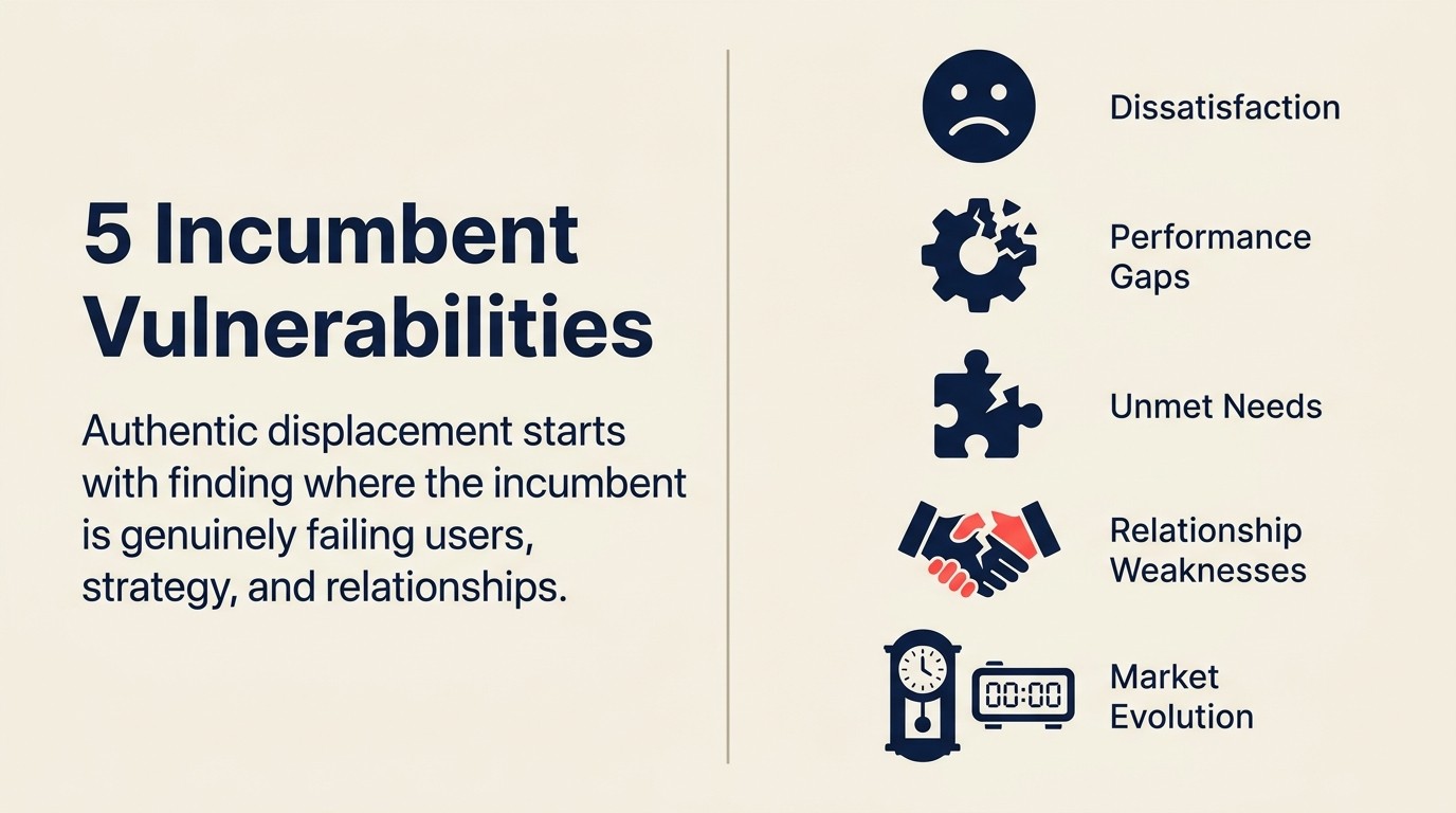 Five incumbent vulnerability types: dissatisfaction, performance gaps, unmet needs, relationship weaknesses, market evolution