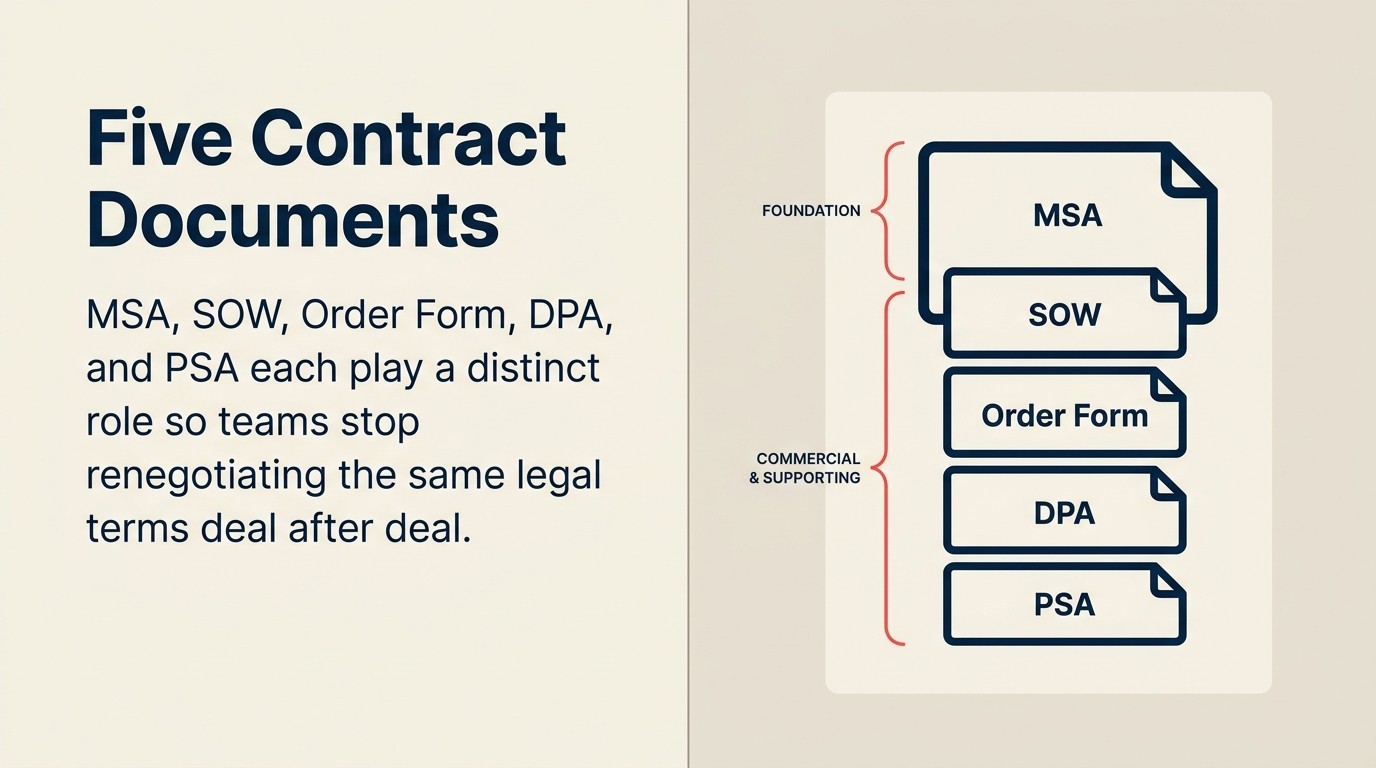 Five core B2B contract documents: MSA, SOW, Order Form, DPA, PSA