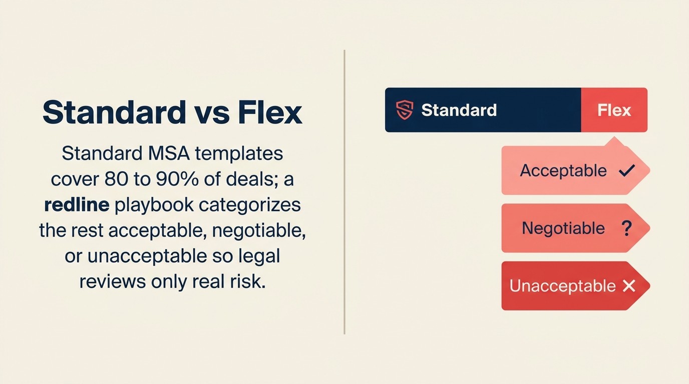Contract standardization spectrum: standard agreements for 80-90% of deals with defined playbook for acceptable variations