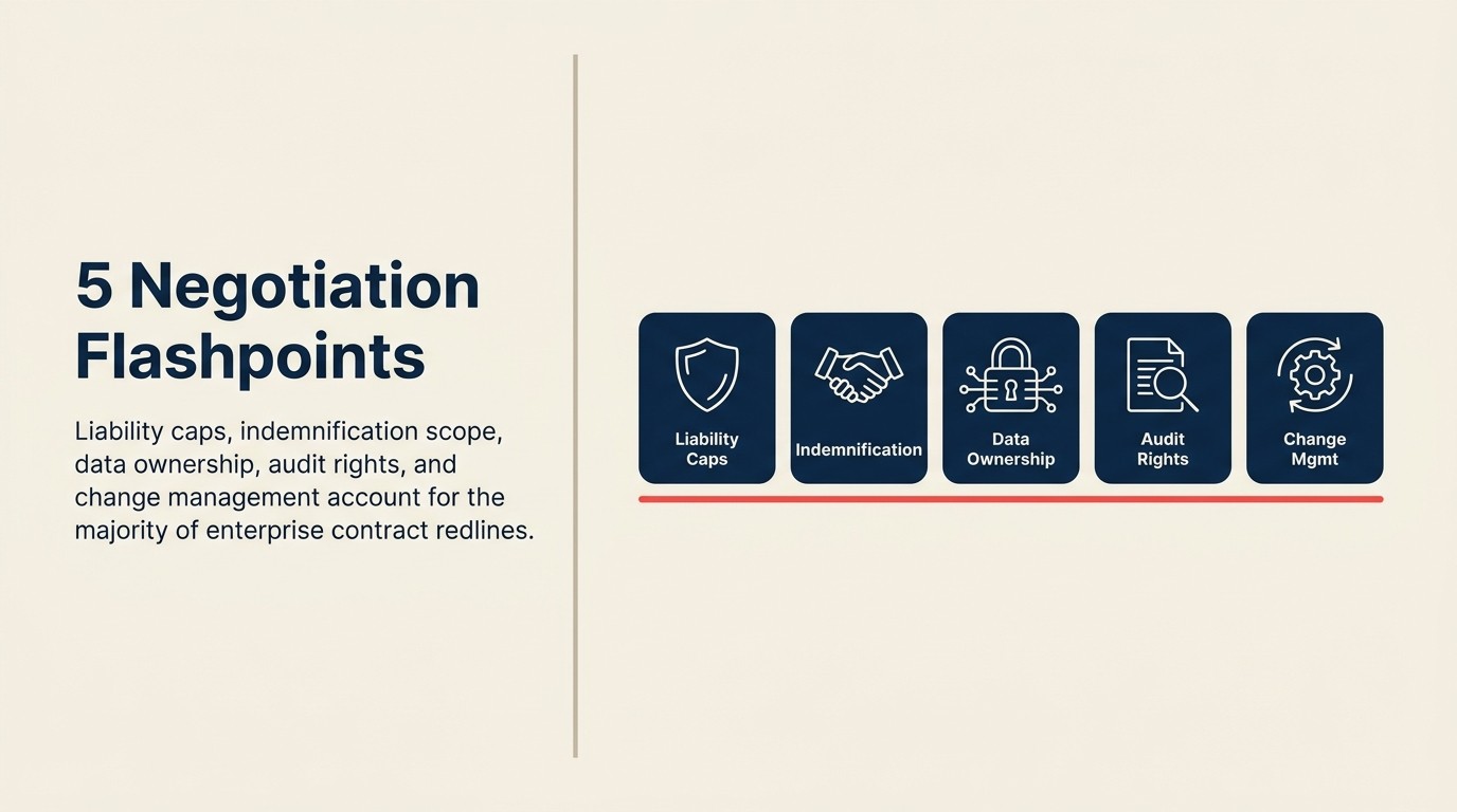 Five most negotiated B2B contract provisions: liability caps, indemnification, data ownership, audit rights, change management