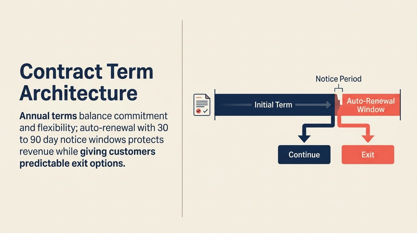 Contract term structure: initial term, auto-renewal, termination, and early exit provisions