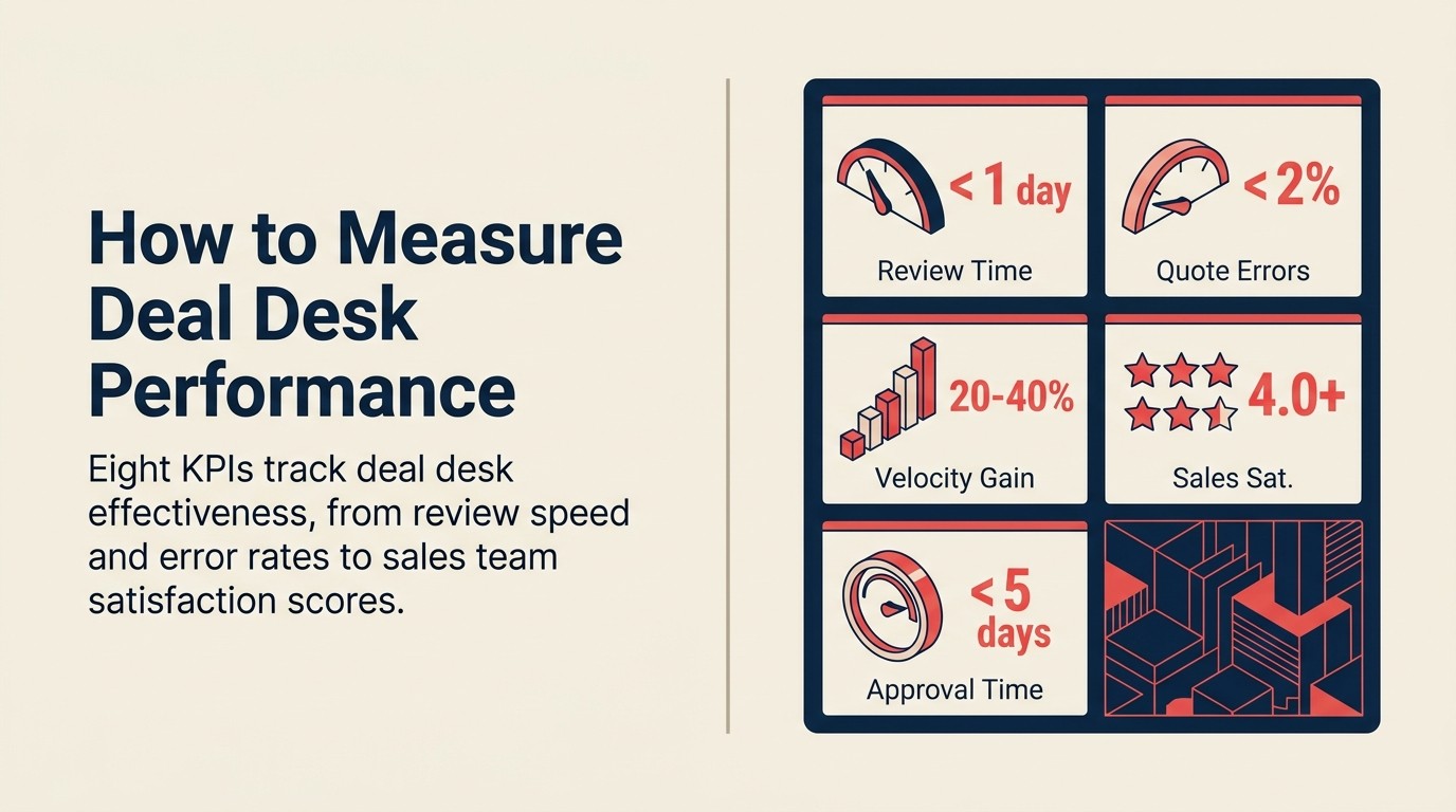 Deal desk KPI dashboard: review time under 1 day, approval turnaround 2 to 7 days by complexity, quote error rate under 2%, deal velocity impact 20 to 40% faster, sales satisfaction above 4.0