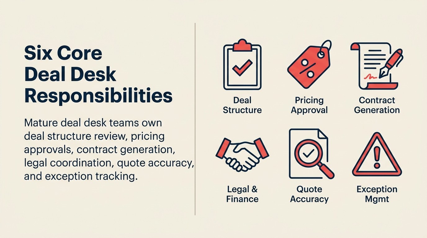 Six core deal desk responsibilities: deal structure review, pricing approval, contract generation, legal and finance coordination, quote accuracy, exception management