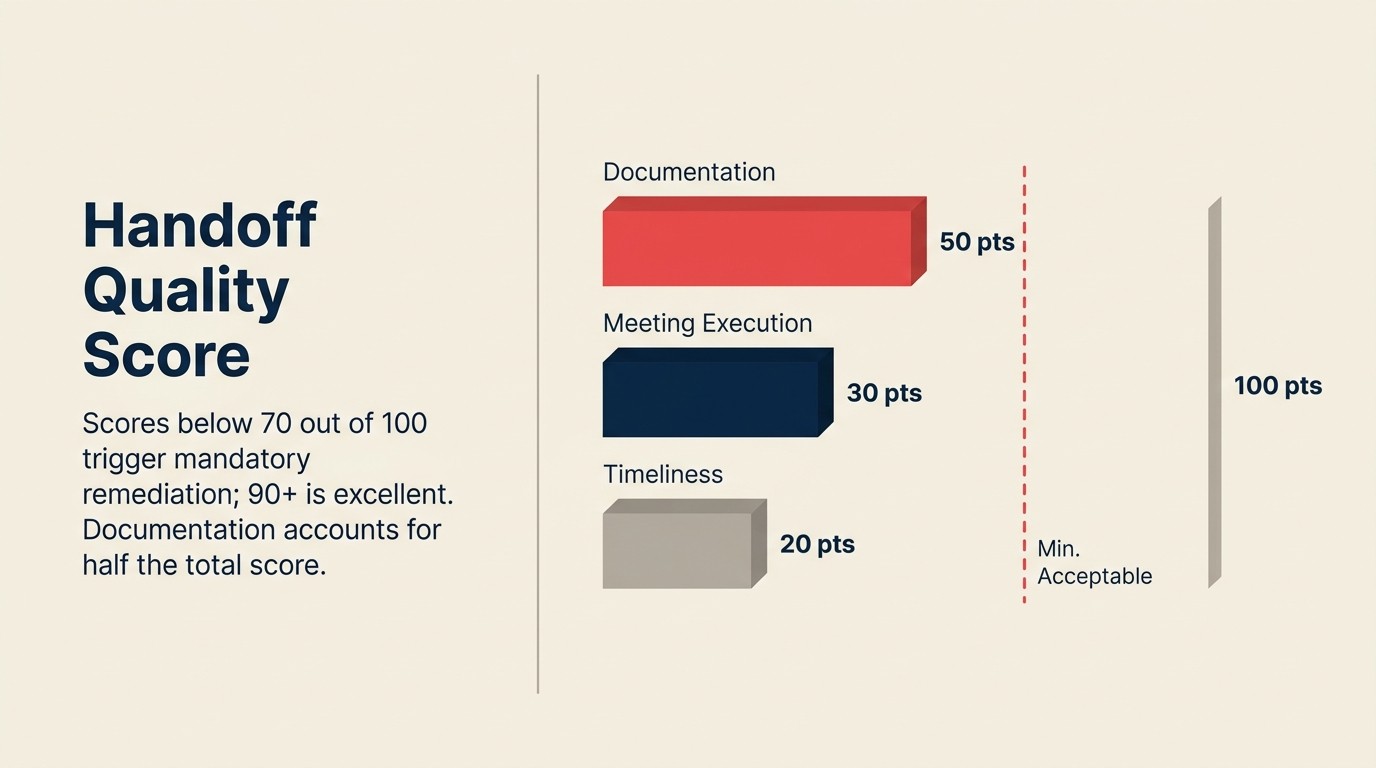 Handoff quality scoring breakdown: 50 points documentation, 30 points meeting, 20 points timeliness