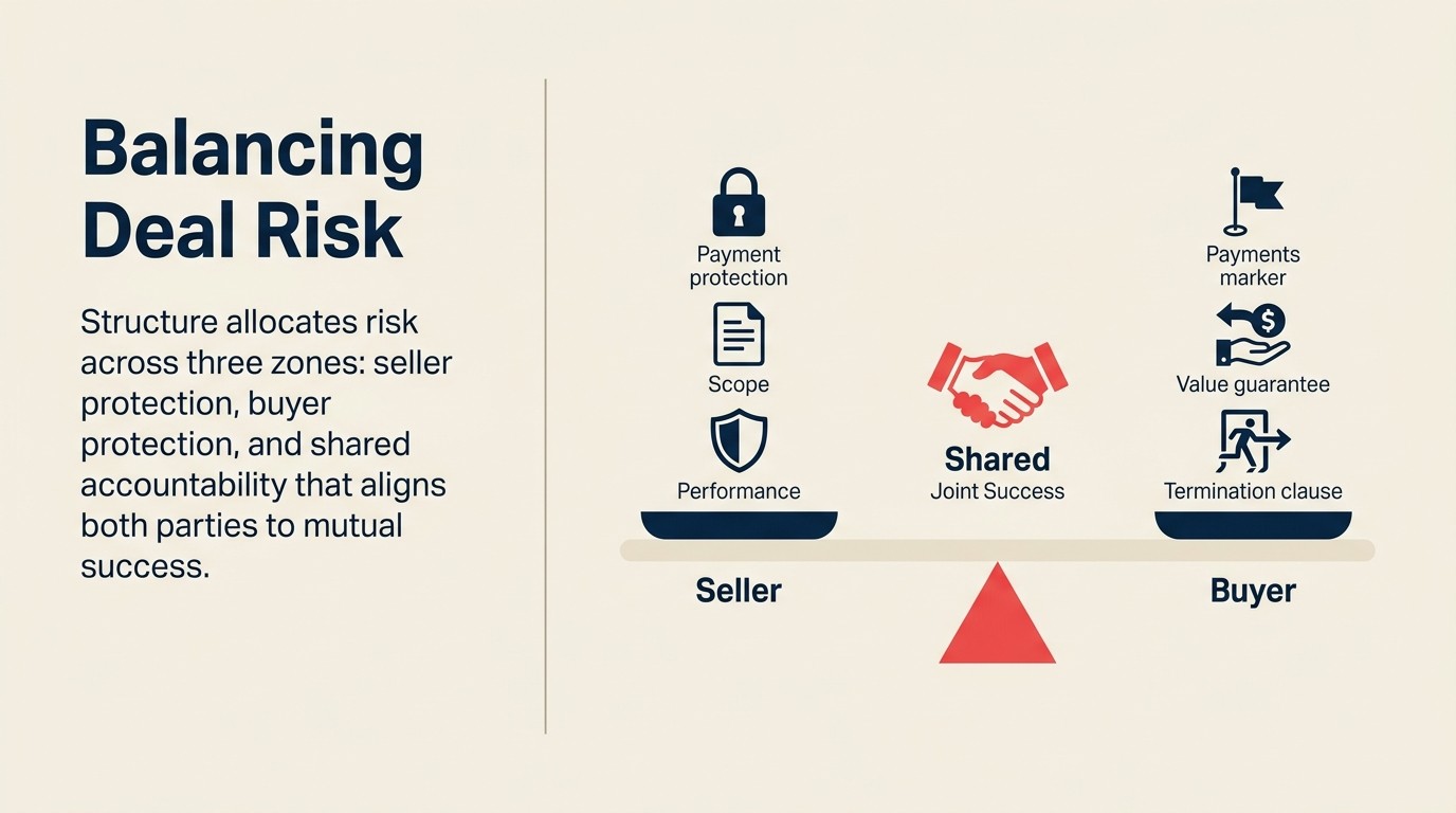 Risk allocation framework showing seller protection, buyer protection, and shared accountability mechanisms in deal structure