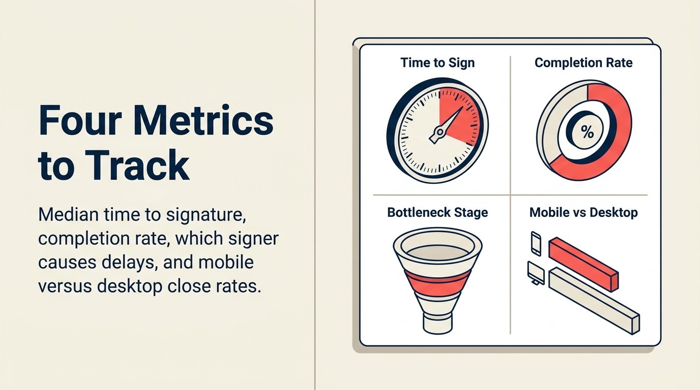 Four e-signature performance metrics: time to signature, completion rate, bottleneck signer, and mobile vs desktop