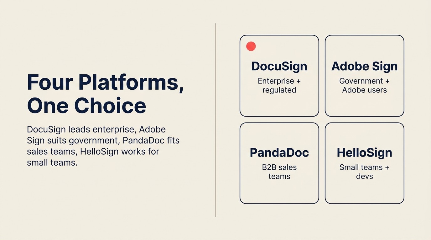 Four e-signature platforms compared: DocuSign, Adobe Sign, PandaDoc, and HelloSign by use case and price