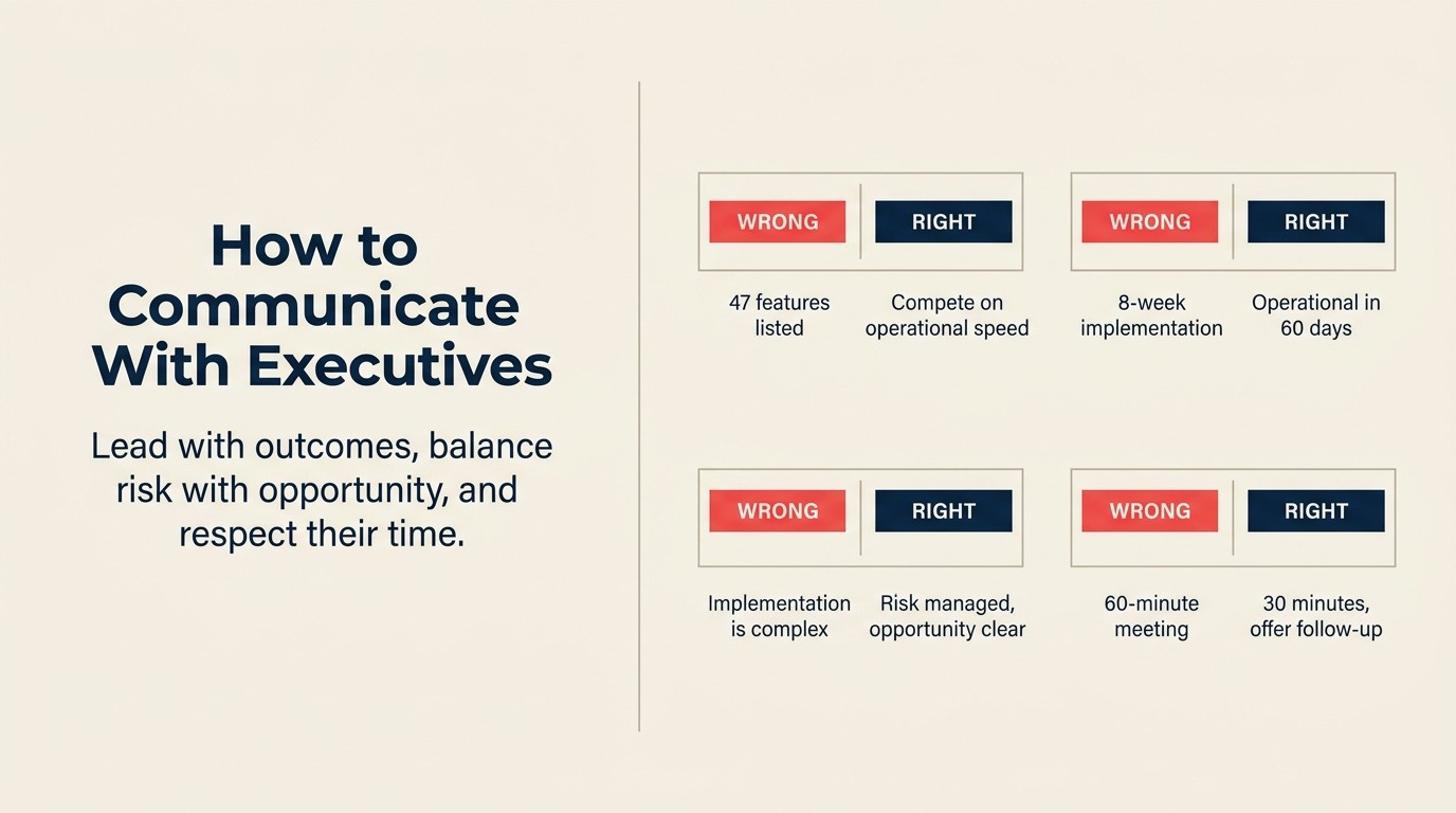 Four executive communication modes: strategic focus, time efficiency, outcome orientation, and balanced risk framing