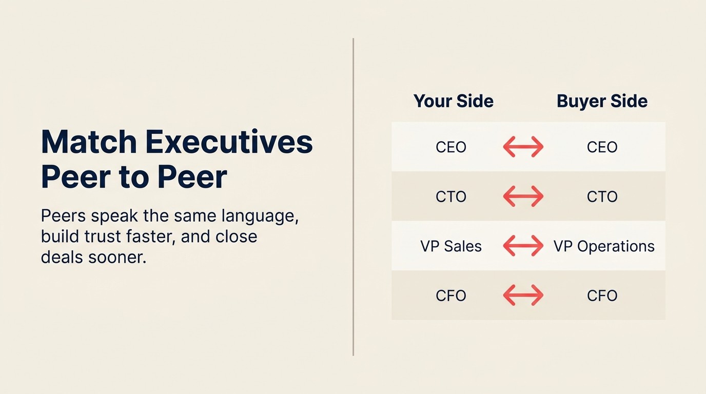 Executive-to-executive matching matrix: CEO to CEO, CTO to CTO, VP Sales to VP Operations, CFO to CFO