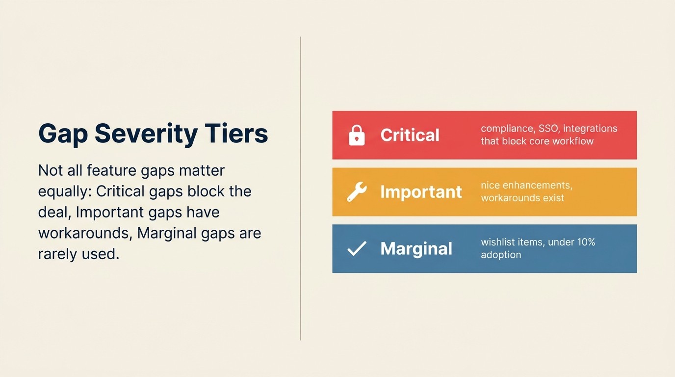 Three-tier feature gap severity framework: Critical, Important, and Marginal