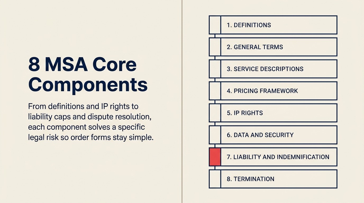 Eight core MSA components from definitions to termination, forming the legal backbone of the agreement