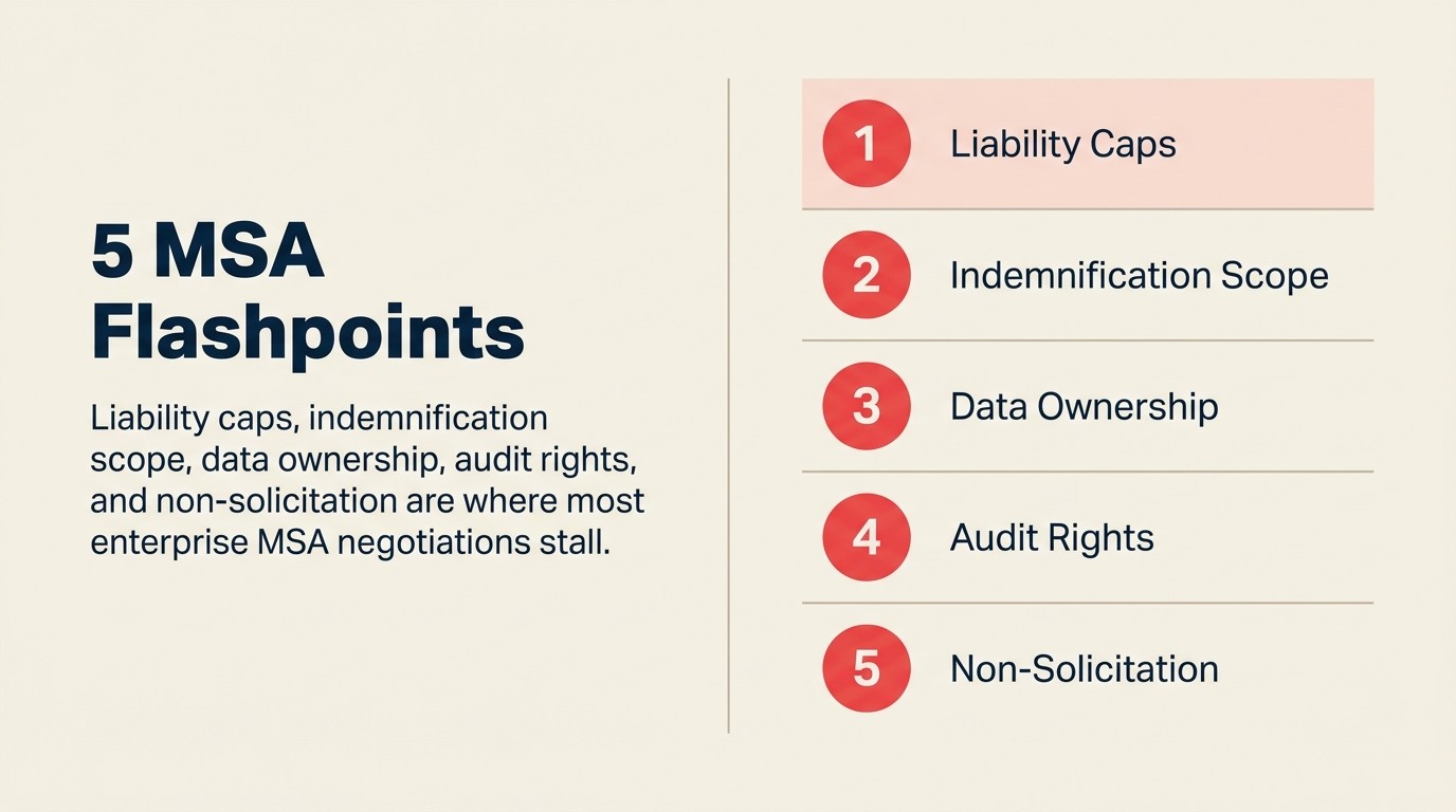 Five common MSA negotiation flashpoints: liability caps, indemnification scope, data ownership, audit rights, non-solicitation