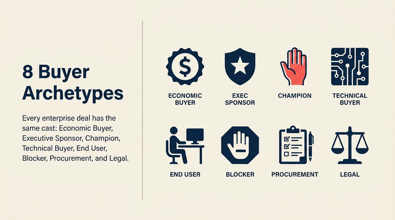 Eight enterprise buying committee archetypes shown as labeled icons in a horizontal row