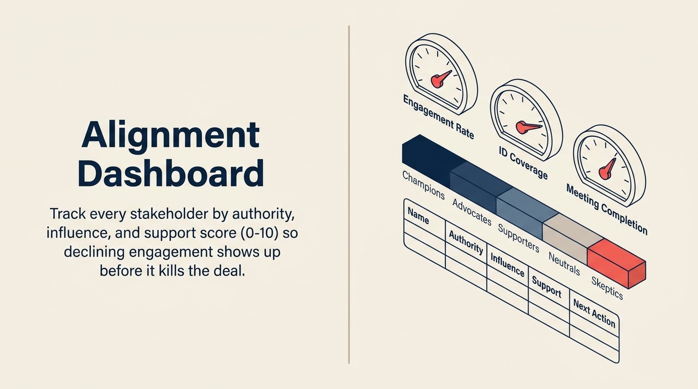 CRM stakeholder tracking dashboard showing support distribution and engagement metrics for enterprise deals