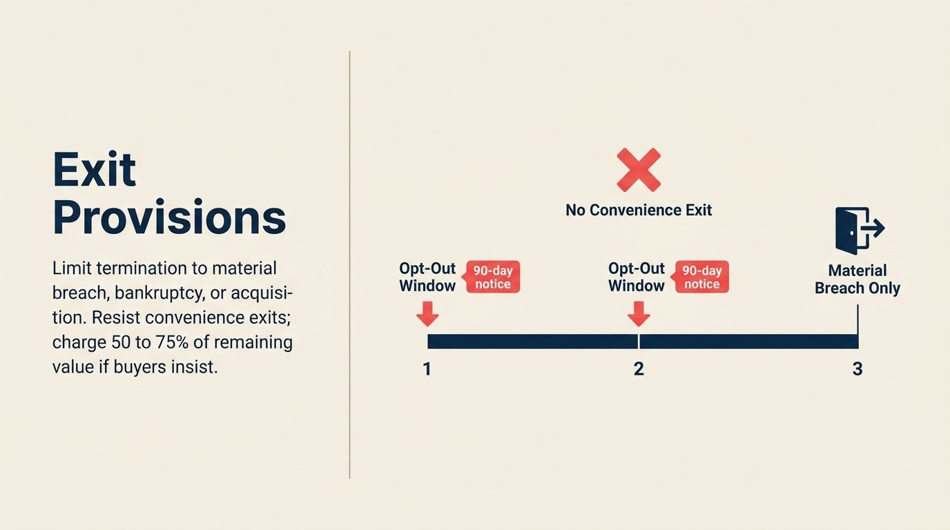 Multi-year deal exit provisions: early termination rights, annual opt-out windows, and material breach definitions