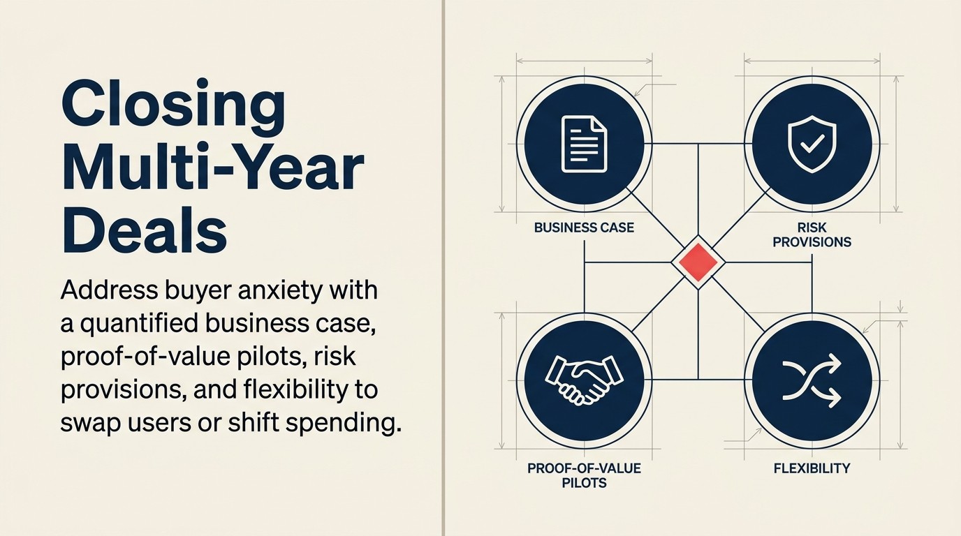 Four negotiation strategies for multi-year deals: business case, commitment justification, risk mitigation, and flexibility provisions