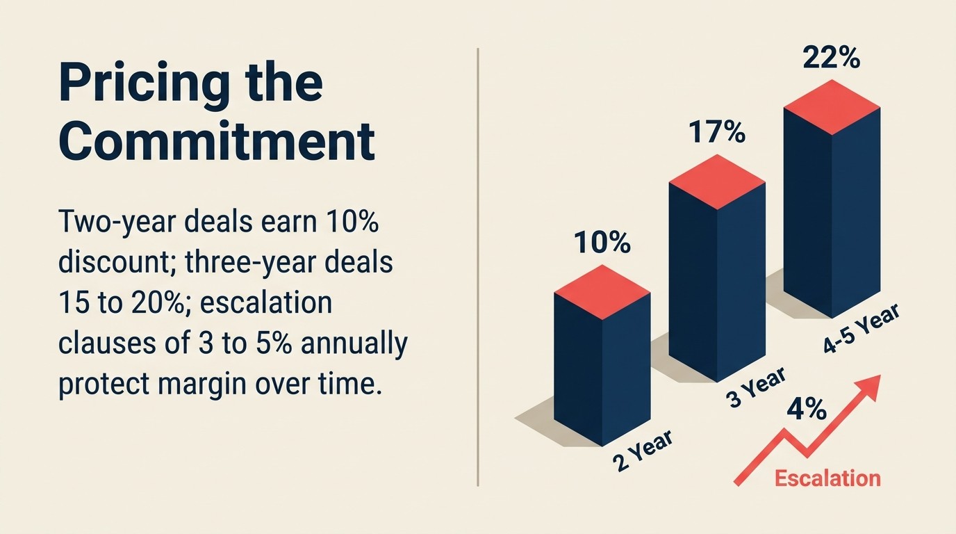 Multi-year deal pricing mechanisms: commitment discounts, price escalation, inflation protection, and volume growth tiers