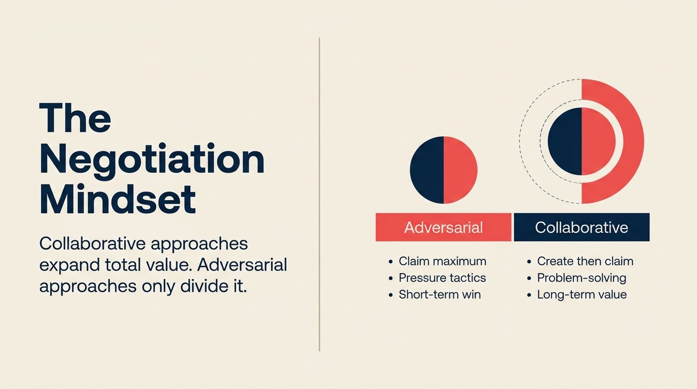 Split diagram: adversarial zero-sum mindset vs collaborative variable-sum mindset in B2B negotiation