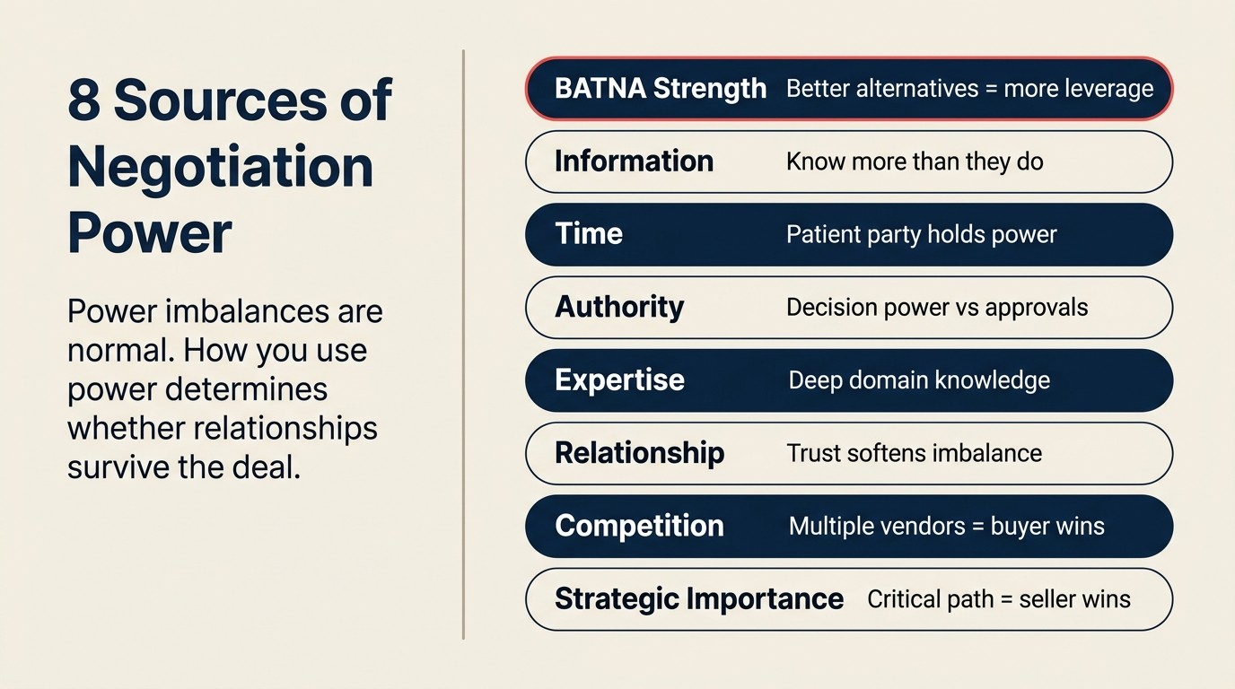 Eight sources of negotiation power including BATNA strength, information, time, authority, expertise, relationship, competition, and strategic importance
