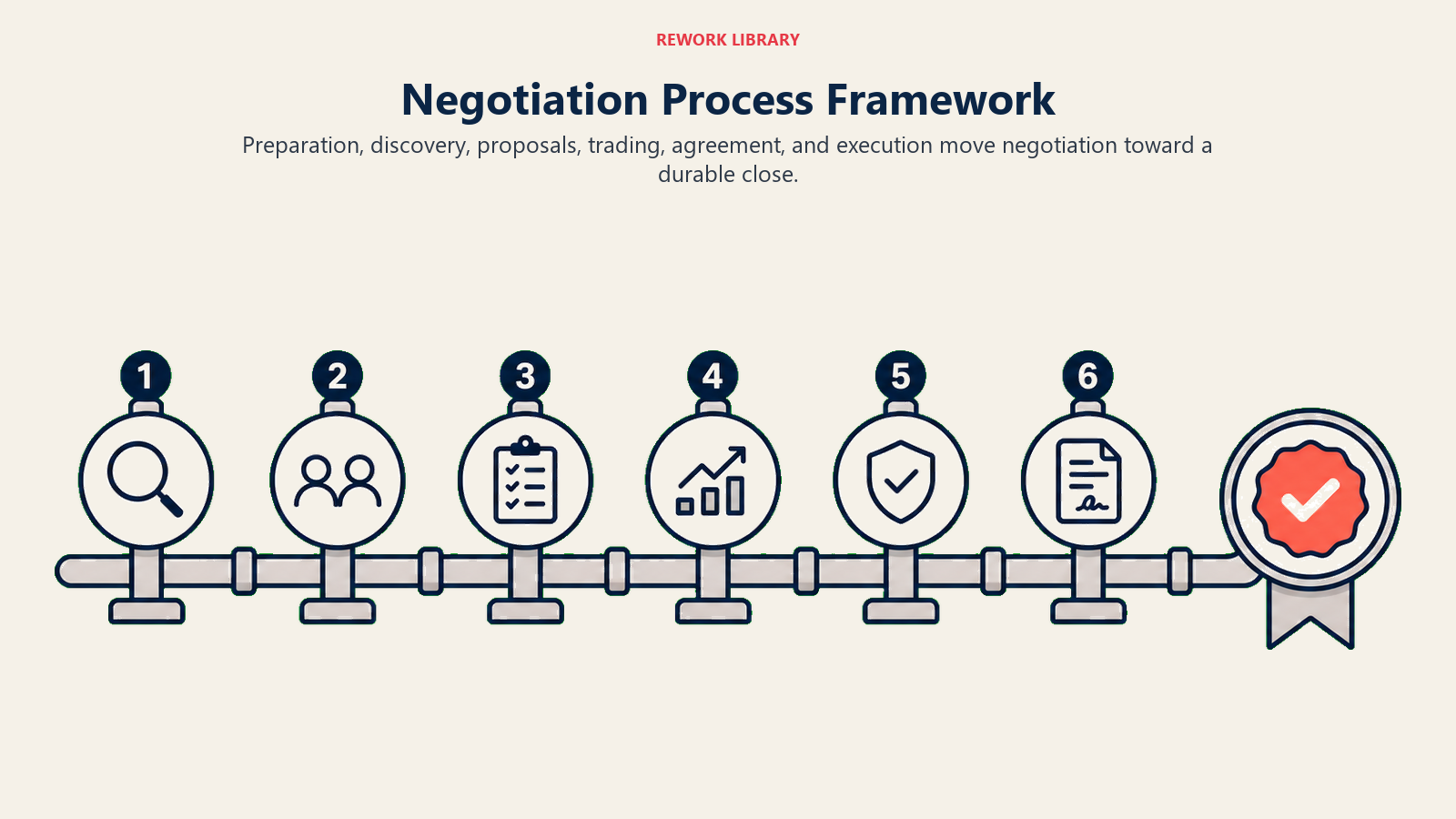 Negotiation Process Framework shown as six step negotiation rail