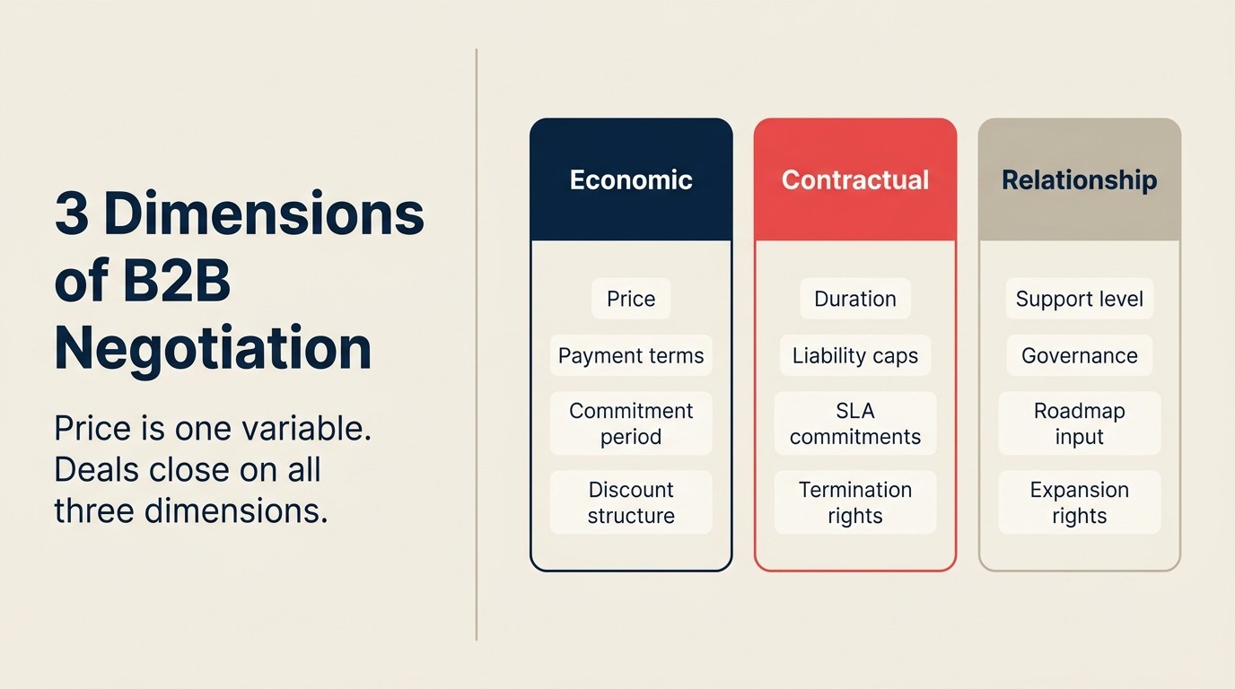 Three-column framework showing Economic, Contractual, and Relationship dimensions of B2B deal negotiation