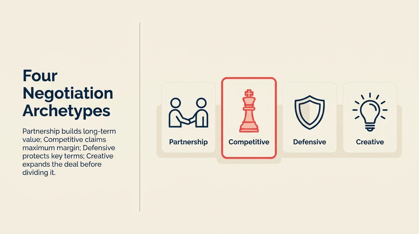 Four negotiation strategy archetypes: Partnership, Competitive, Defensive, Creative