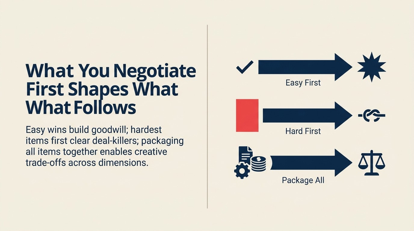 Three negotiation sequencing options: easy wins first, hardest items first, package approach