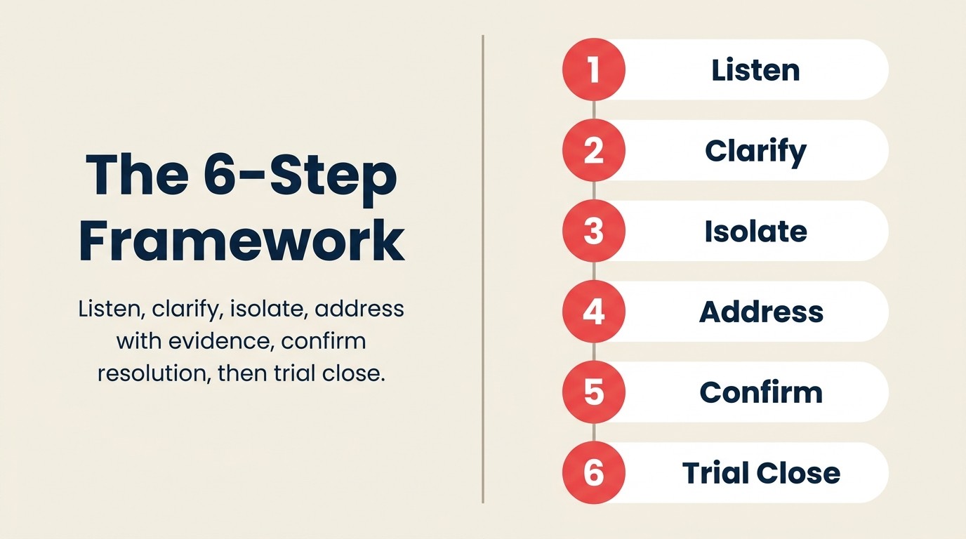 Six-step objection handling process: listen, clarify, isolate, address, confirm, trial close in a linear flow