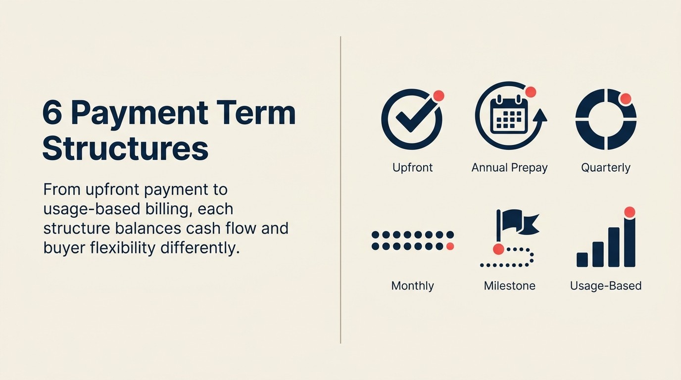 Six standard payment term structures from upfront to usage-based billing