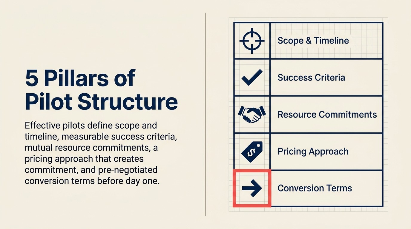Five components of a structured pilot program: scope, success criteria, resources, pricing, and conversion terms