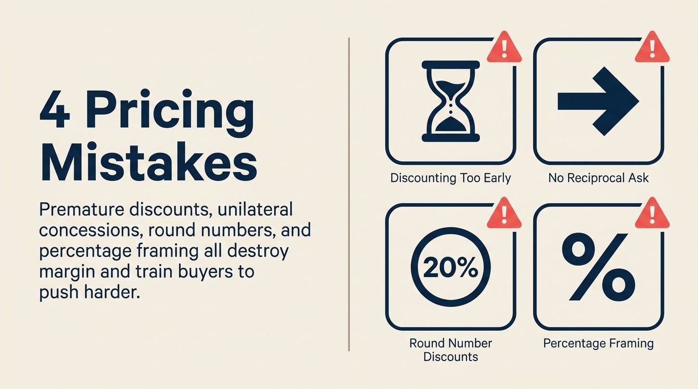 Four common pricing negotiation mistakes: premature discounting, unilateral concessions, round numbers, percentage framing