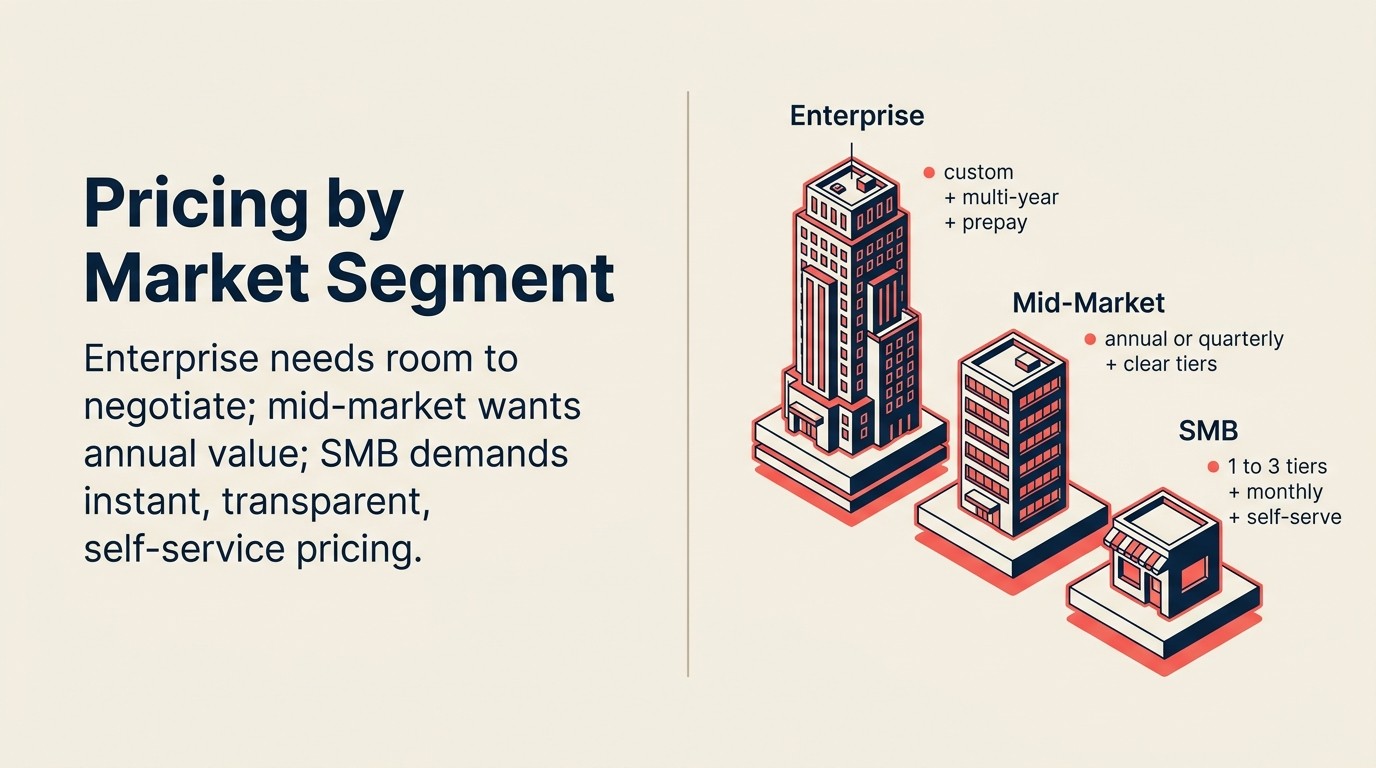 Three-tier market segmentation showing Enterprise, Mid-Market, and SMB pricing approaches