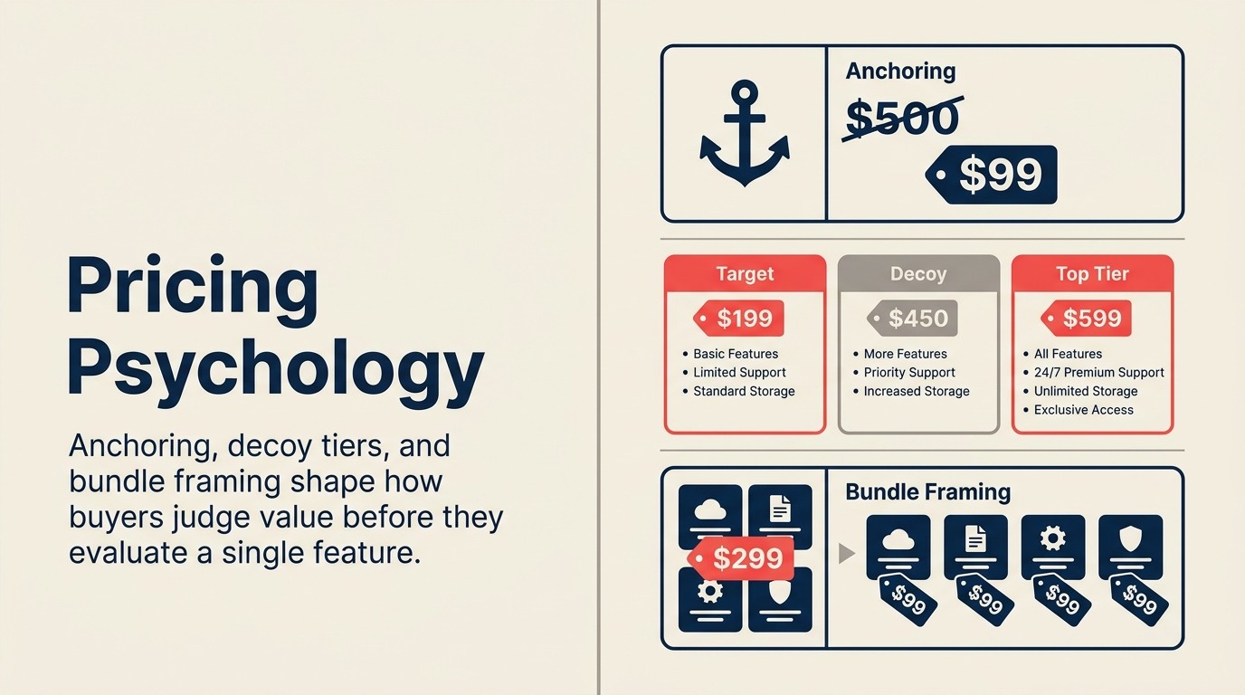 Three pricing psychology levers: anchoring, decoy tiers, and bundling