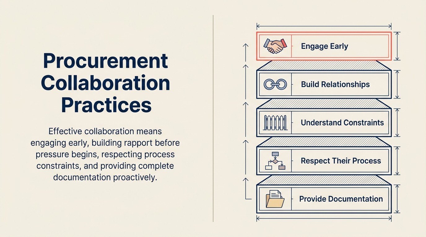 Five collaboration practices for working with procurement: early engagement, relationship building, understanding constraints, respecting process, providing documentation