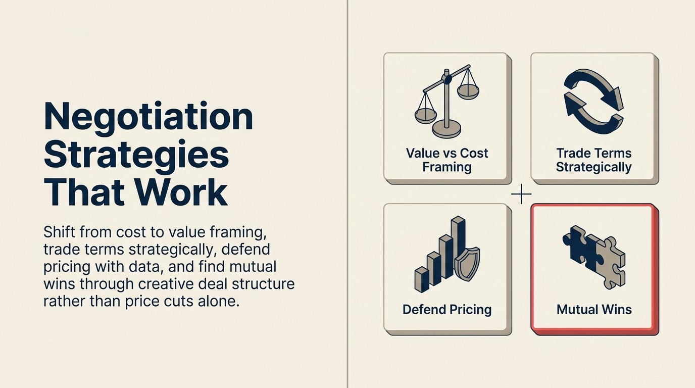 Four negotiation strategies with procurement: value framing, strategic trades, pricing defense, mutual wins