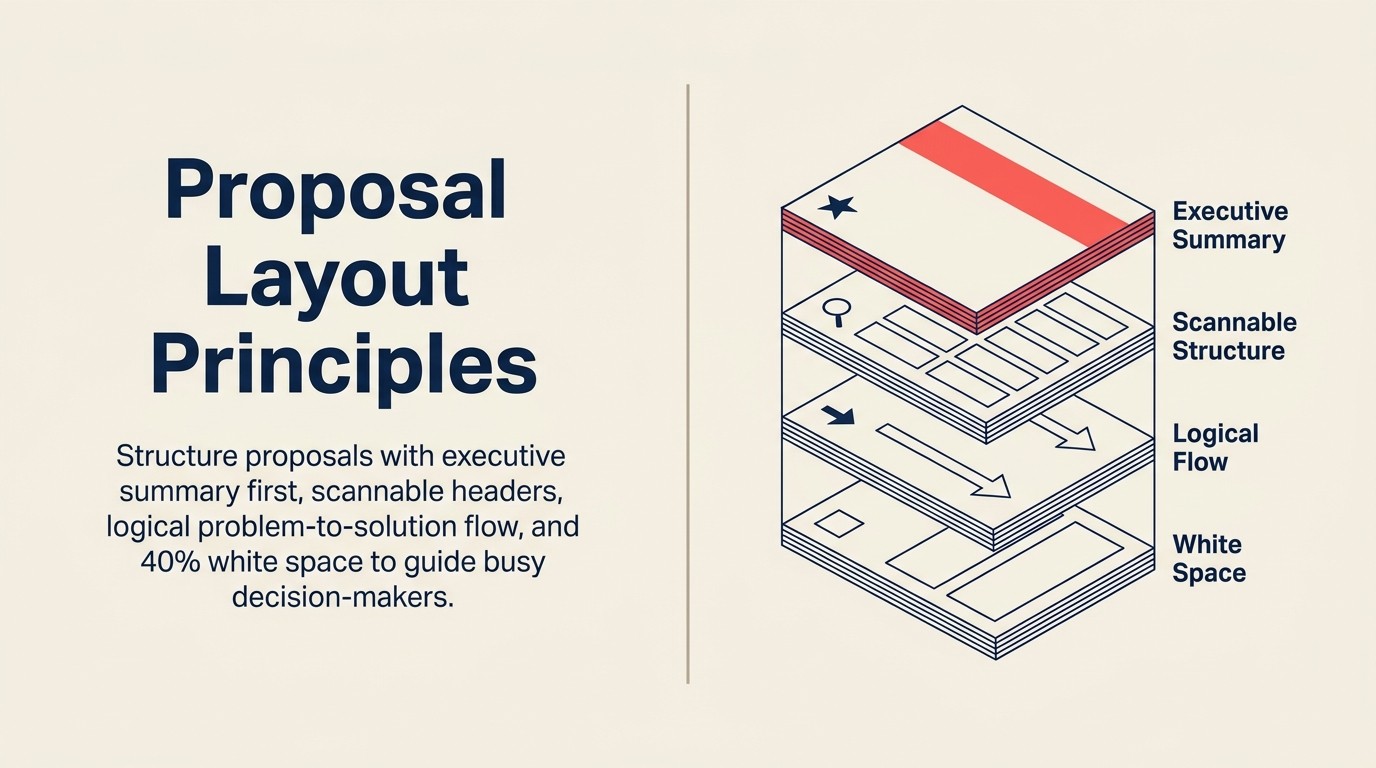 Proposal layout principles: executive summary first, scannable structure, logical flow, white space